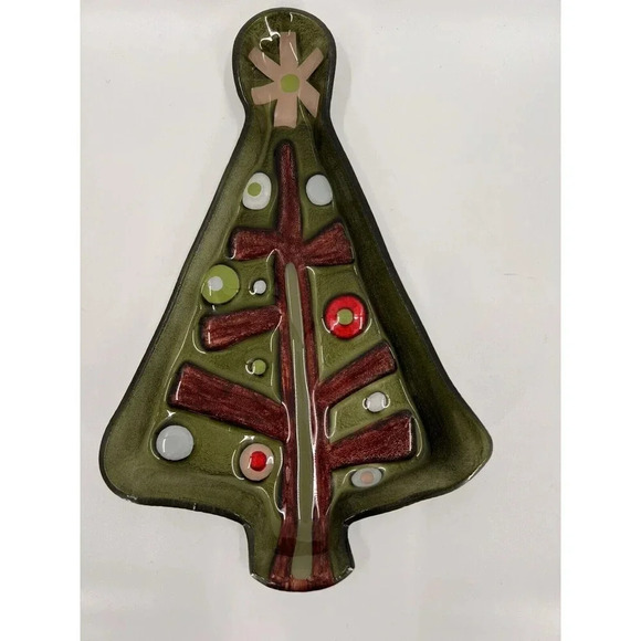 LORI SIEBERT FOR SILVESTRI HAND BLOWN GLASS CHRISTMAS TREE SHAPED PLATTER PLATE - Picture 1 of 7